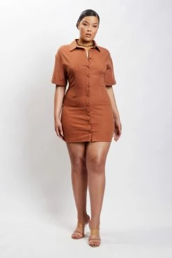 QNG Palma Cinched Waist Linen Mini Dress - Brown
