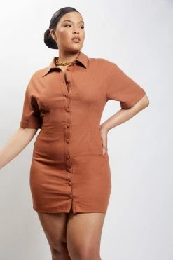 QNG Palma Cinched Waist Linen Mini Dress - Brown