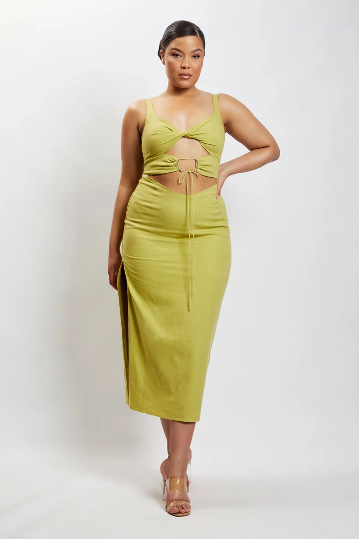 QNG Serena Cut Out O Ring Linen Midi Dress - Apple DRESSES 7 QNG Serena Cut Out O Ring Linen Midi Dress - Apple DRESSES