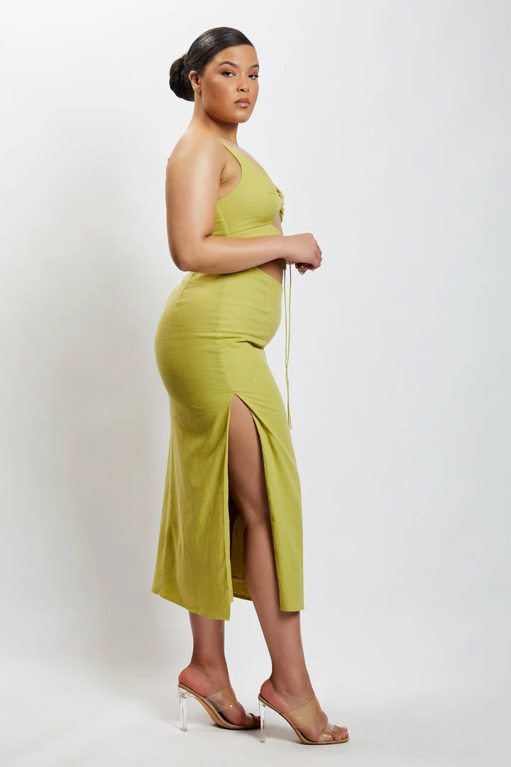 QNG Serena Cut Out O Ring Linen Midi Dress - Apple DRESSES 9 QNG Serena Cut Out O Ring Linen Midi Dress - Apple DRESSES