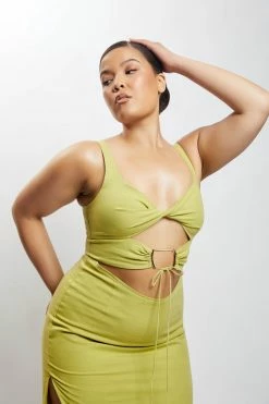 QNG Serena Cut Out O Ring Linen Midi Dress - Apple DRESSES 21 QNG Serena Cut Out O Ring Linen Midi Dress - Apple DRESSES