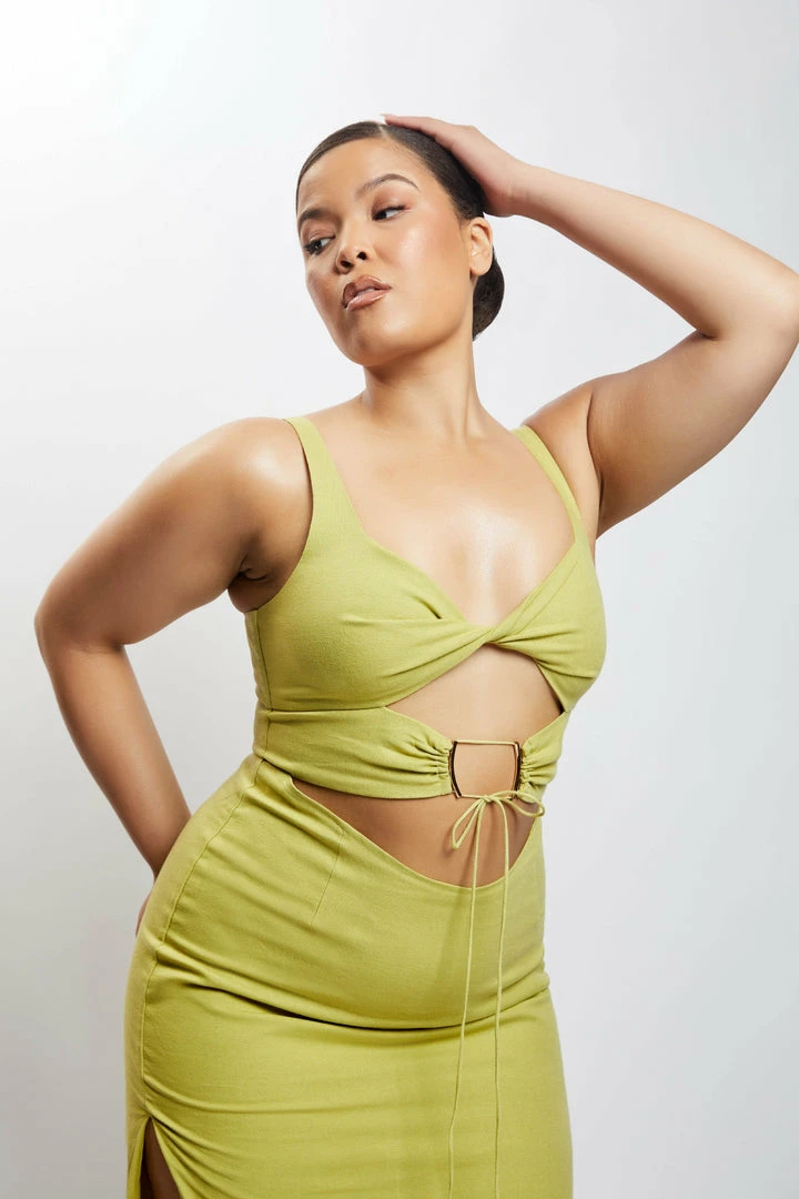 QNG Serena Cut Out O Ring Linen Midi Dress - Apple DRESSES 10 QNG Serena Cut Out O Ring Linen Midi Dress - Apple DRESSES