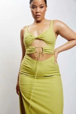 QNG Serena Cut Out O Ring Linen Midi Dress - Apple DRESSES 19 QNG Serena Cut Out O Ring Linen Midi Dress - Apple DRESSES