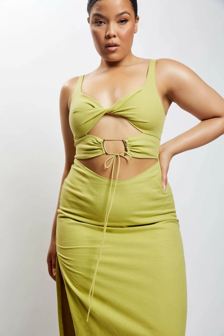 QNG Serena Cut Out O Ring Linen Midi Dress - Apple DRESSES 8 QNG Serena Cut Out O Ring Linen Midi Dress - Apple DRESSES