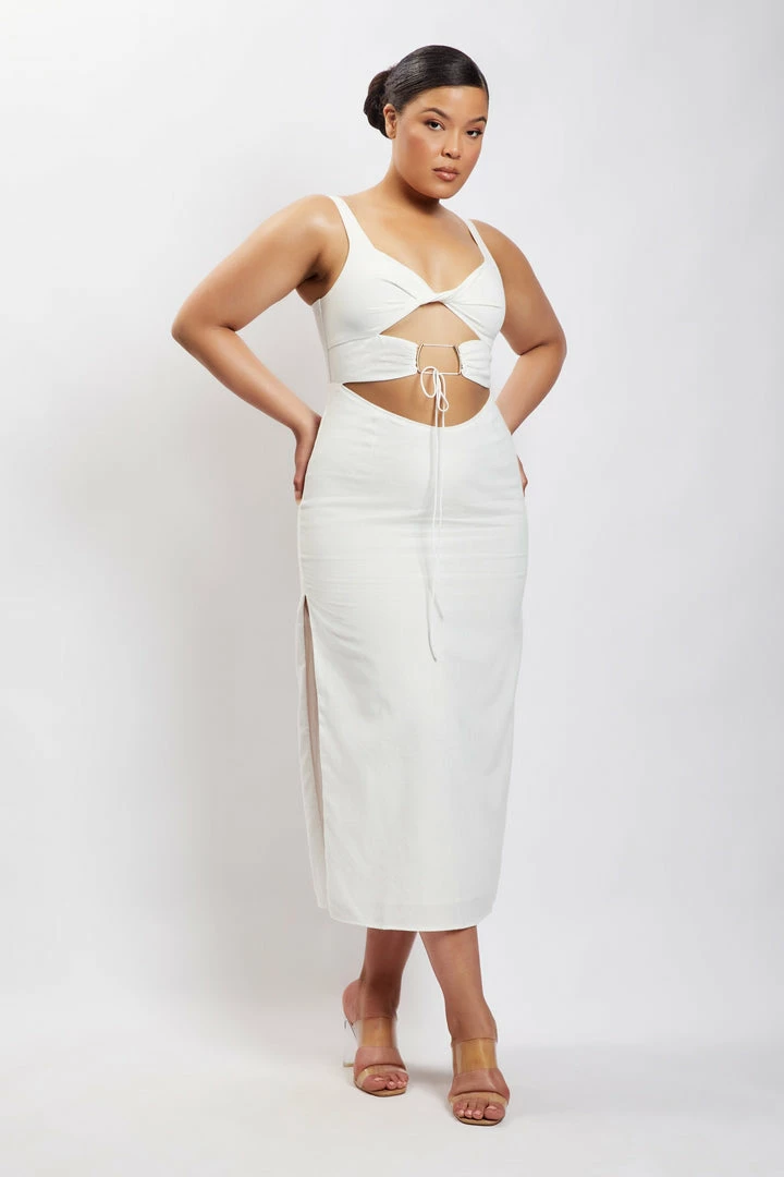 QNG Serena Cut Out O Ring Linen Midi Dress - White 8 QNG Serena Cut Out O Ring Linen Midi Dress - White