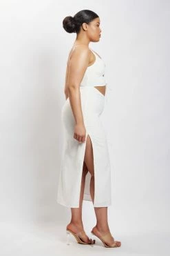 QNG Serena Cut Out O Ring Linen Midi Dress - White 16 QNG Serena Cut Out O Ring Linen Midi Dress - White