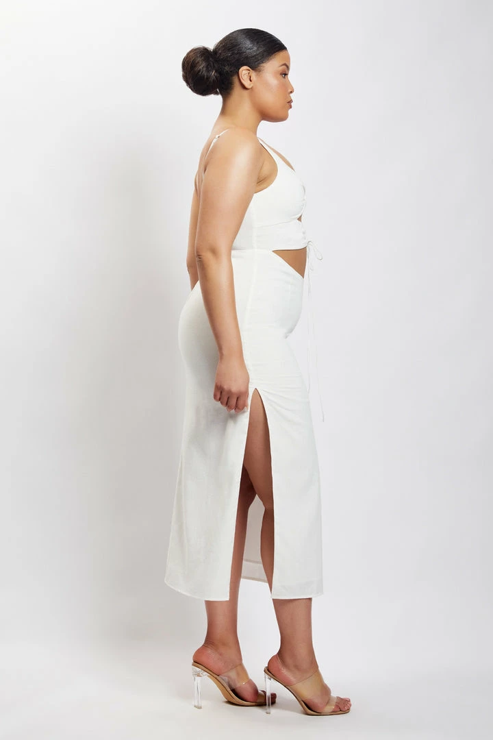 QNG Serena Cut Out O Ring Linen Midi Dress - White 7 QNG Serena Cut Out O Ring Linen Midi Dress - White