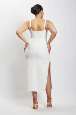 QNG Serena Cut Out O Ring Linen Midi Dress - White 18 QNG Serena Cut Out O Ring Linen Midi Dress - White