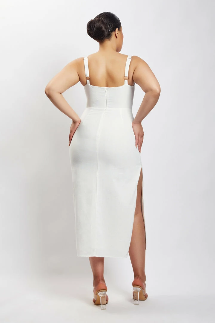 QNG Serena Cut Out O Ring Linen Midi Dress - White 9 QNG Serena Cut Out O Ring Linen Midi Dress - White