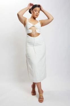 QNG Serena Cut Out O Ring Linen Midi Dress - White 15 QNG Serena Cut Out O Ring Linen Midi Dress - White