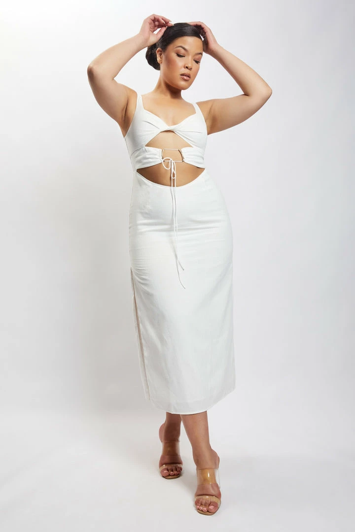 QNG Serena Cut Out O Ring Linen Midi Dress - White 6 QNG Serena Cut Out O Ring Linen Midi Dress - White