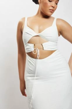 QNG Serena Cut Out O Ring Linen Midi Dress - White