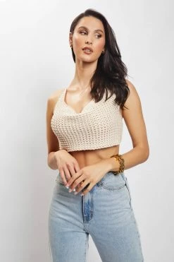 SKY All Tops Alicia Cowl Neck Crochet Crop Top - Cream
