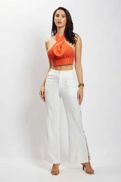 HSH All Tops Piper Halter Neck Linen Crop Top - Terracotta