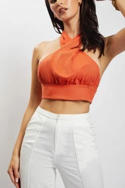 HSH All Tops Piper Halter Neck Linen Crop Top - Terracotta