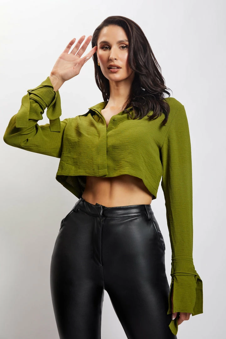 QNG All Tops Issy Cropped Shirt - Green 1 QNG All Tops Issy Cropped Shirt - Green