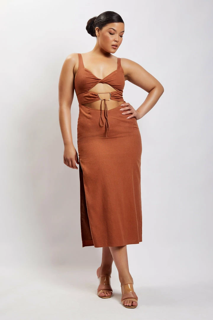 QNG Serena Cut Out O Ring Linen Midi Dress - Brown 7 QNG Serena Cut Out O Ring Linen Midi Dress - Brown