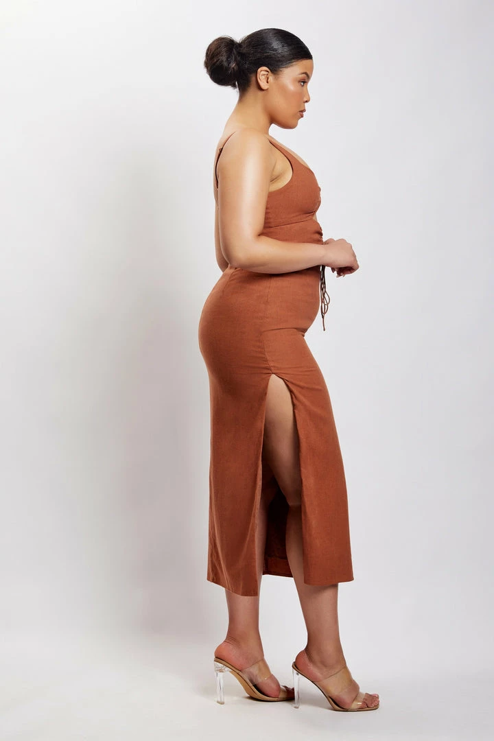 QNG Serena Cut Out O Ring Linen Midi Dress - Brown 9 QNG Serena Cut Out O Ring Linen Midi Dress - Brown