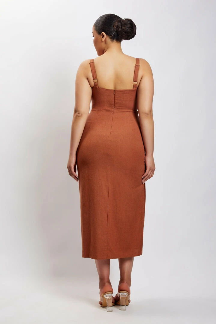 QNG Serena Cut Out O Ring Linen Midi Dress - Brown 10 QNG Serena Cut Out O Ring Linen Midi Dress - Brown