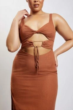 QNG Serena Cut Out O Ring Linen Midi Dress - Brown 19 QNG Serena Cut Out O Ring Linen Midi Dress - Brown