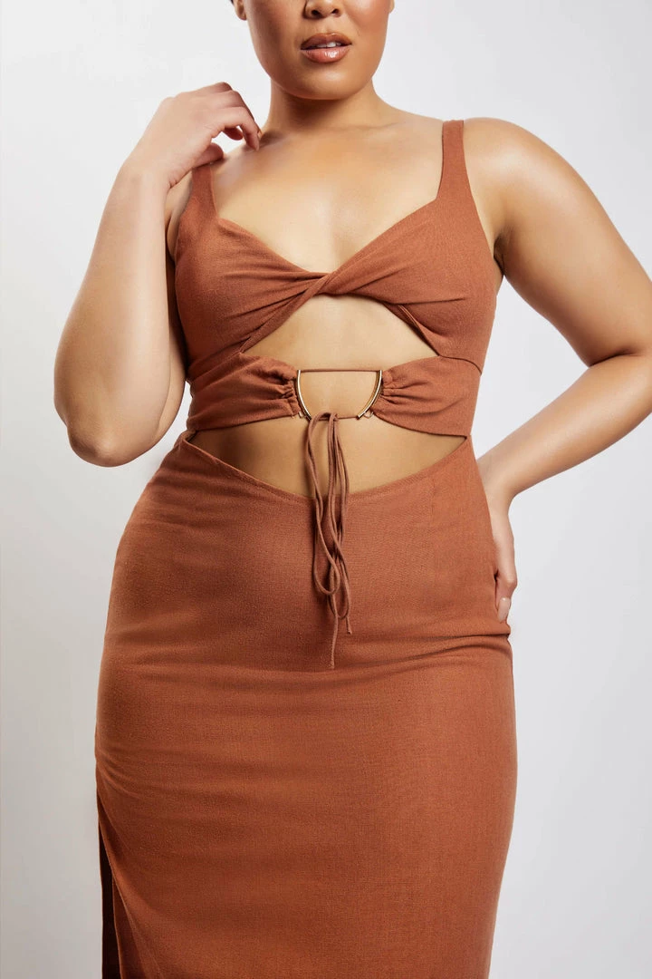 QNG Serena Cut Out O Ring Linen Midi Dress - Brown 8 QNG Serena Cut Out O Ring Linen Midi Dress - Brown