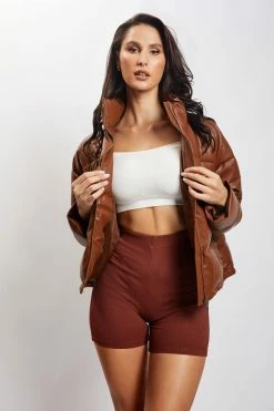 DPO Coats & Jackets Farrah Faux Leather Puffer Jacket - Chocolate