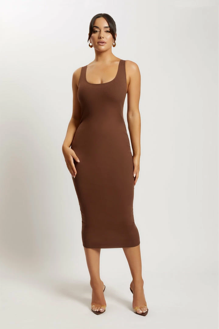 ROM Leigh Ribbed Low Back Midi Dress - Chocolate 2 ROM Leigh Ribbed Low Back Midi Dress - Chocolate