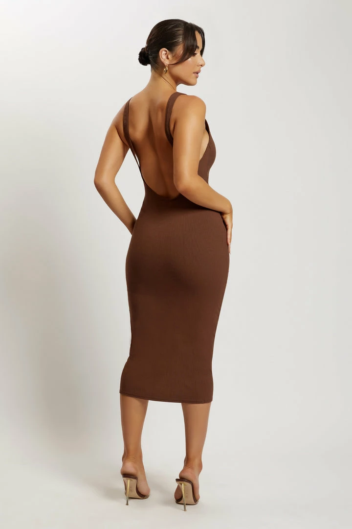 ROM Leigh Ribbed Low Back Midi Dress - Chocolate 1 ROM Leigh Ribbed Low Back Midi Dress - Chocolate