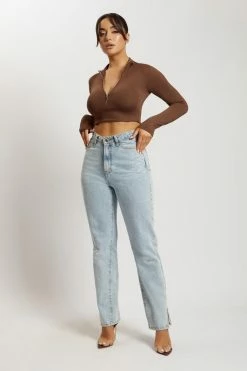 WXI Rebecca Zip Up Crop Long Sleeve Top - Chocolate All Tops