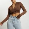WXI Rebecca Zip Up Crop Long Sleeve Top - Chocolate All Tops