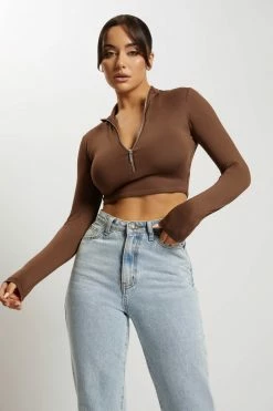 WXI Rebecca Zip Up Crop Long Sleeve Top - Chocolate All Tops