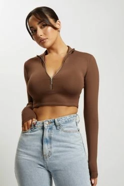 WXI Rebecca Zip Up Crop Long Sleeve Top - Chocolate All Tops
