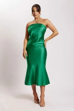 WNT DRESSES Ivana Satin Halter Midi Dress - Green