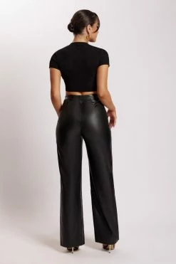 WNT Kamora Faux Leather Wide Leg Pants - Black Two Piece Sets