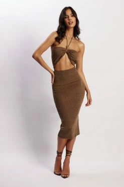 SKY DRESSES Betty Halter Midi Knitted Dress - Brown Marle