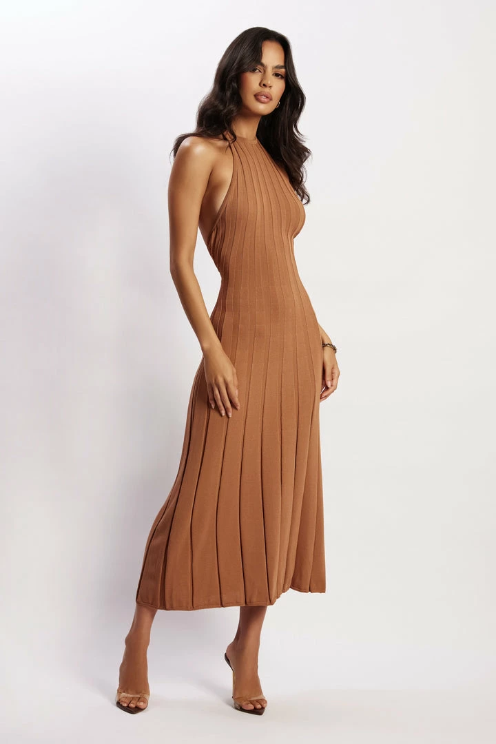 SHN Adrienne Halter Neck Midi Dress - Tan 1 SHN Adrienne Halter Neck Midi Dress - Tan