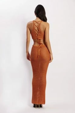 SKY Two Piece Sets Raquel Crochet Lace Up Back Top - Burnt Orange