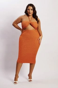 SKY DRESSES Betty Halter Midi Knitted Dress - Orange Marle