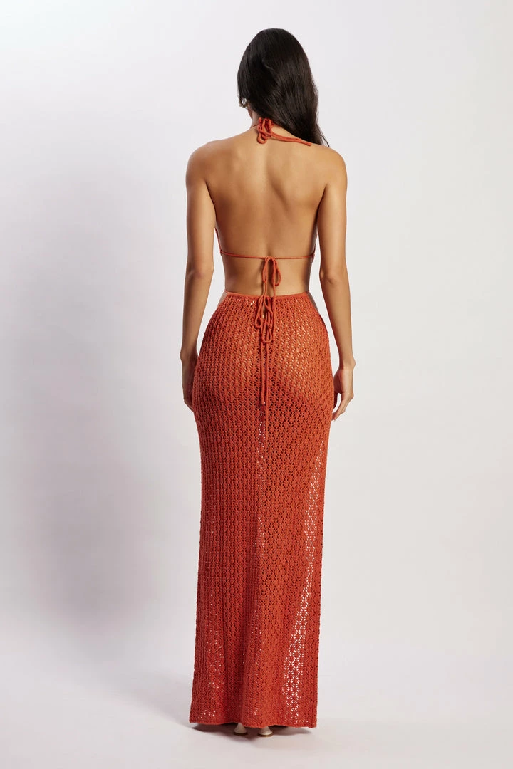 SKY DRESSES Malia Cut Out Crochet Maxi Dress - Burnt Orange 2 SKY DRESSES Malia Cut Out Crochet Maxi Dress - Burnt Orange