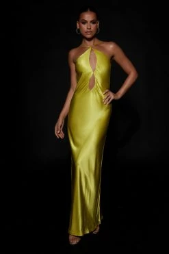 JLW Lucia Satin Cut Out Maxi Dress - Chartreuse DRESSES
