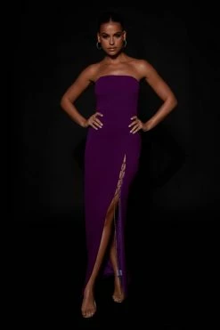 QNG Imogen Diamante Rope Strapless Midi Dress With Split - Grape DRESSES