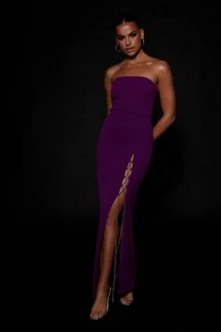QNG Imogen Diamante Rope Strapless Midi Dress With Split - Grape DRESSES