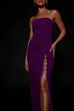 QNG Imogen Diamante Rope Strapless Midi Dress With Split - Grape DRESSES