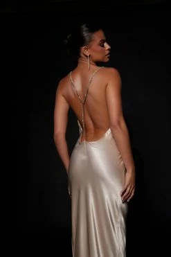 JLW Sera Diamante Maxi Dress With Low Back - Champagne DRESSES 16 JLW Sera Diamante Maxi Dress With Low Back - Champagne DRESSES