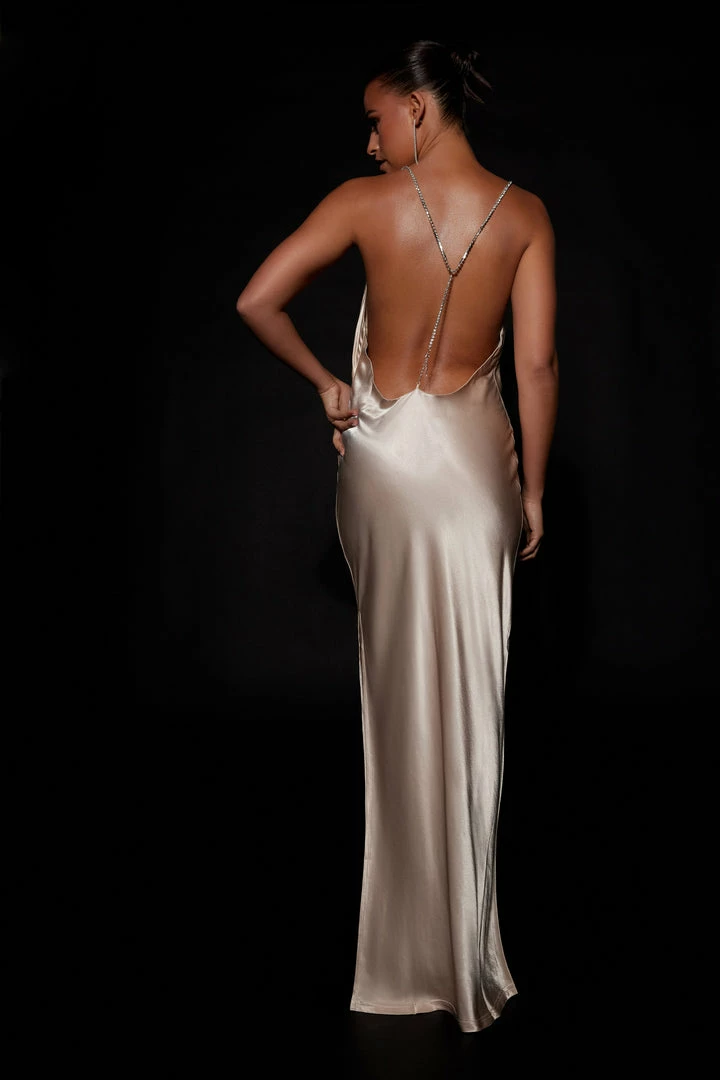JLW Sera Diamante Maxi Dress With Low Back - Champagne DRESSES 2 JLW Sera Diamante Maxi Dress With Low Back - Champagne DRESSES