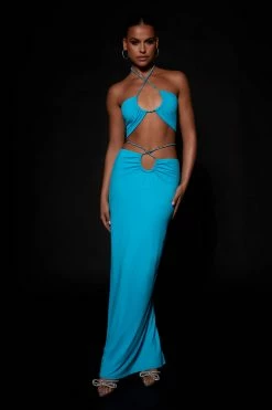 WXI Ruby Diamante Rope Ruched Maxi Skirt - Cyan Blue