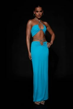 WXI Ruby Diamante Rope Ruched Maxi Skirt - Cyan Blue