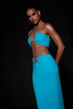 WXI Ruby Diamante Rope Ruched Bandeau - Cyan Blue Two Piece Sets