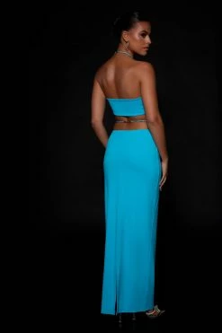 WXI Ruby Diamante Rope Ruched Maxi Skirt - Cyan Blue