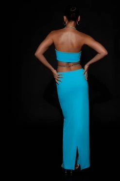 WXI Ruby Diamante Rope Ruched Maxi Skirt - Cyan Blue